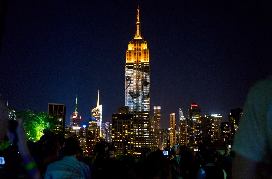 Images of endangered species are projected on the The Empire State Building, Aug. 1, 2015, in New York. The projections are inspired by and produced by the filmmakers of an upcoming documentary called 