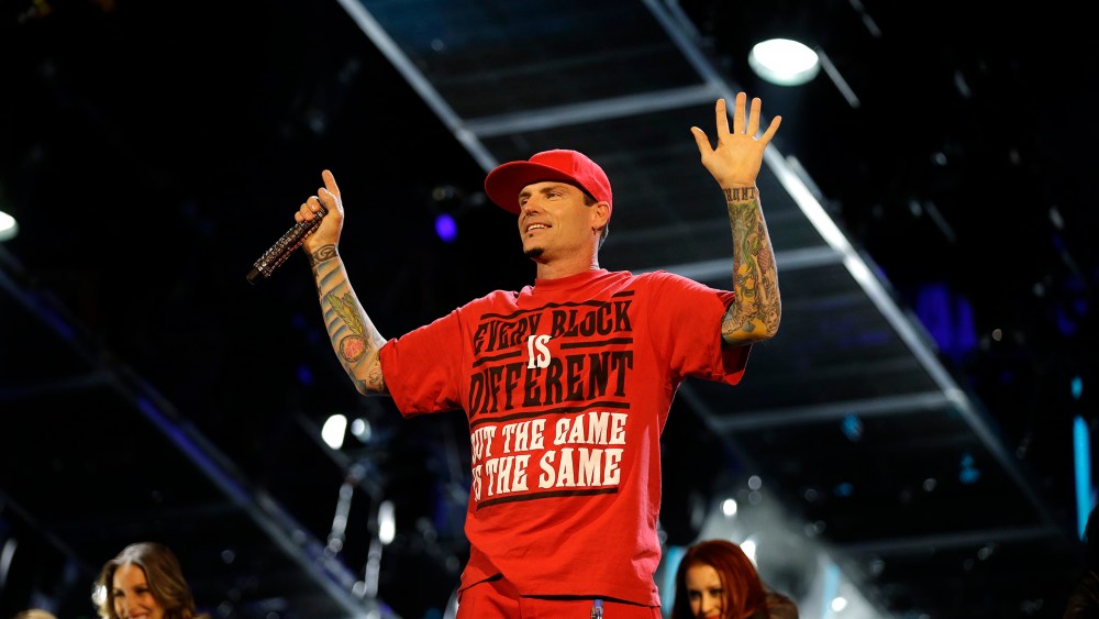 Singer Vanilla Ice performs during the skills competition at the NBA All Star basketball game, Feb. 15, 2014, in New Orleans. (Photo by Gerald Herbert/AP)