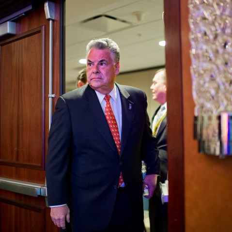 Rep. Peter King, R-N.Y., arrives to speak during the International Association of Fire Fighters Presidential Forum at the Hyatt Regency on Capitol Hill, March 10, 2015. (Photo By Tom Williams/CQ Roll Call/AP)