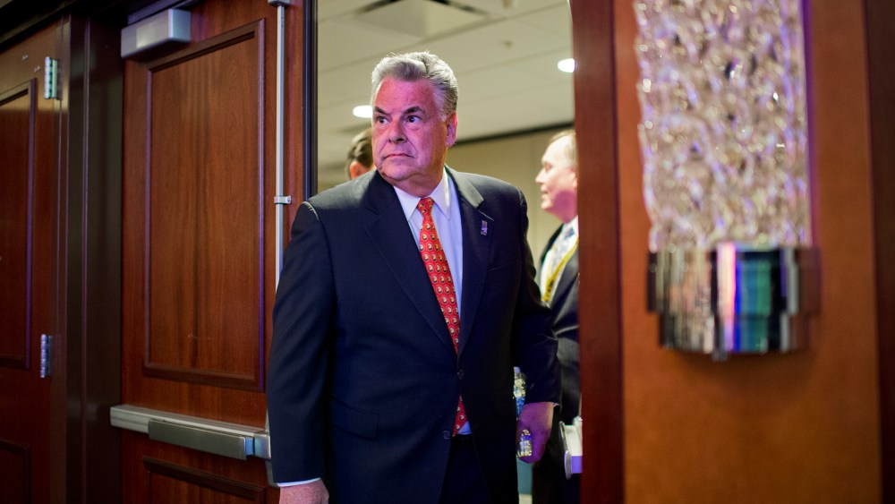 Rep. Peter King, R-N.Y., arrives to speak during the International Association of Fire Fighters Presidential Forum at the Hyatt Regency on Capitol Hill, March 10, 2015. (Photo By Tom Williams/CQ Roll Call/AP)