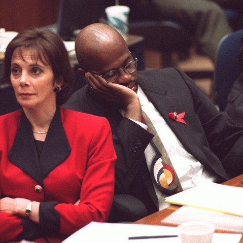 Prosecutors Marcia Clark and Christopher Darden listen to defense attorney Johnnie Cochran Jr., Sep. 27, 1995, as he gives closing arguments during the O.J. Simpson double-murder trial at the Los Angeles Criminal Courts Building. (Photo by Vince Bucci/AP)