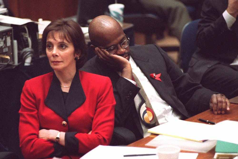 Prosecutors Marcia Clark and Christopher Darden listen to defense attorney Johnnie Cochran Jr., Sep. 27, 1995, as he gives closing arguments during the O.J. Simpson double-murder trial at the Los Angeles Criminal Courts Building. (Photo by Vince Bucci/AP)