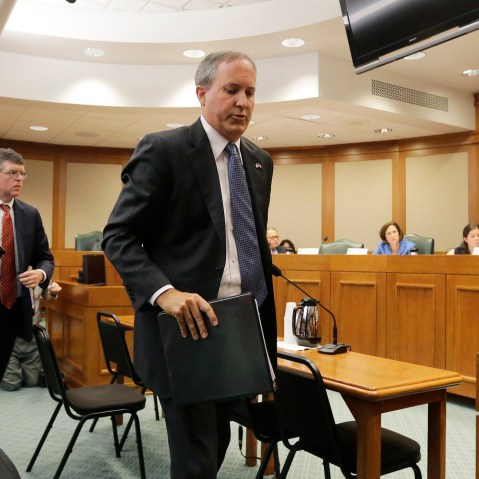 Texas attorney general Ken Paxton departing after testifying at a Texas Texas Senate Health and Human Services Committee hearing on Planned Parenthood videos covertly recorded that target the abortion provider, July 29, 2015. (Photo by Eric Gay/AP)