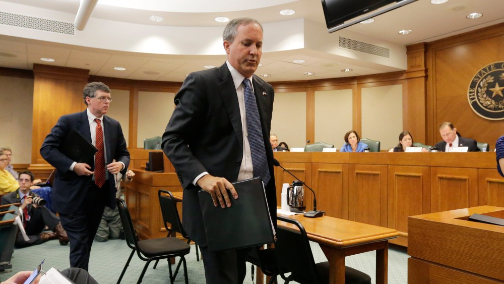 Texas attorney general Ken Paxton departing after testifying at a Texas Texas Senate Health and Human Services Committee hearing on Planned Parenthood videos covertly recorded that target the abortion provider, July 29, 2015. (Photo by Eric Gay/AP)