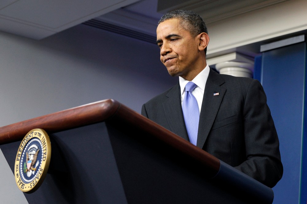 President Barack Obama at a news conference in the Brady Room, Dec. 20, 2013.