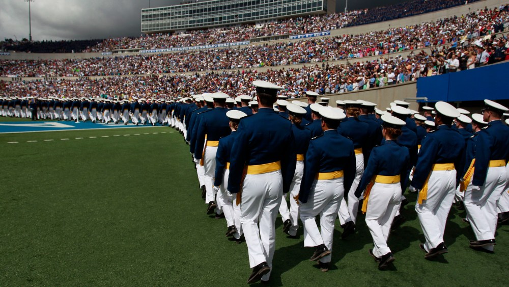 Graduating Air Force cadets march into the football stadium at the start of the commencement ceremony at the U.S. Air Force Academy in Colorado, May 29, 2013.