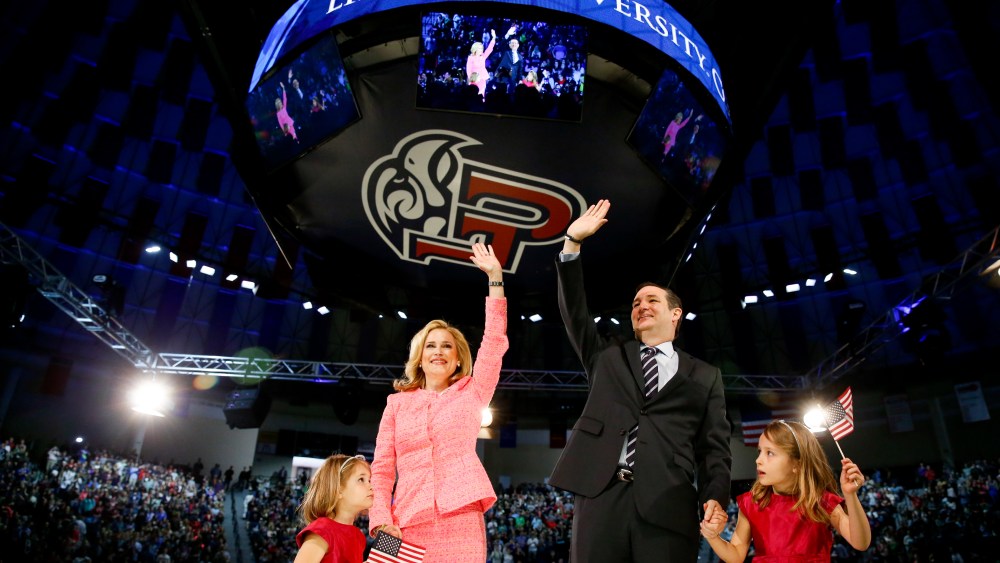 Sen. Ted Cruz, R-Texas, his wife Heidi, and their two daughters Catherine, 4, left, and Caroline, 6, right, after he announced his campaign for president, March 23, 2015, at Liberty University, in Lynchburg, Va. (Photo by Andrew Harnik/AP)