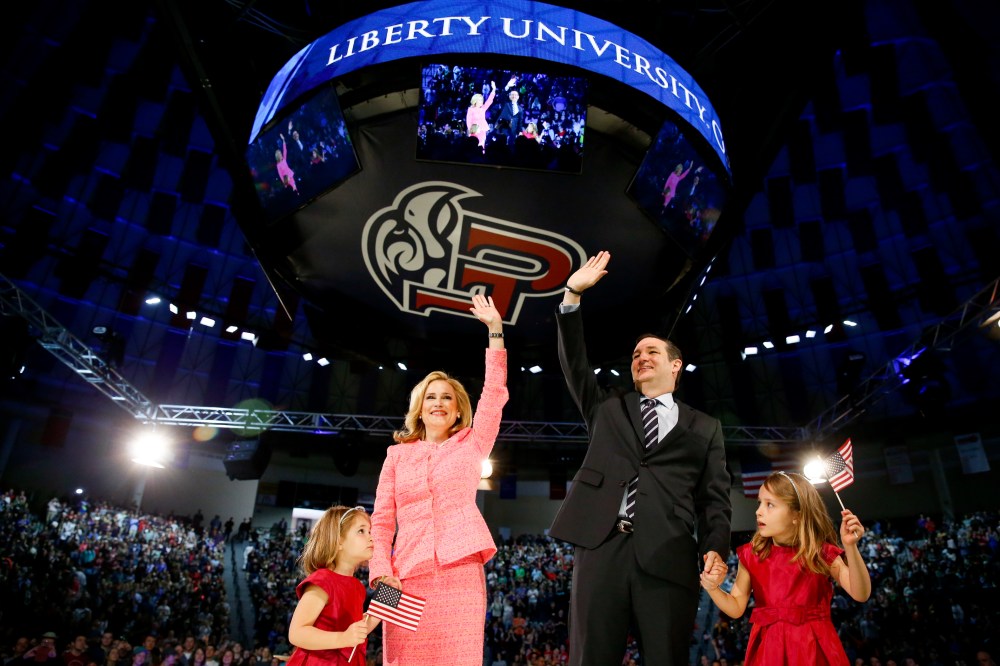 Sen. Ted Cruz, R-Texas, his wife Heidi, and their two daughters Catherine, 4, left, and Caroline, 6, right, after he announced his campaign for president, March 23, 2015, at Liberty University, in Lynchburg, Va. (Photo by Andrew Harnik/AP)