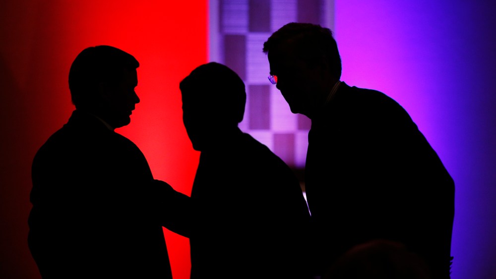 Former Florida Gov. Jeb Bush, right, attends a Clark County Republican Party dinner, May 13, 2015, in Las Vegas. (Photo by John Locher/AP)
