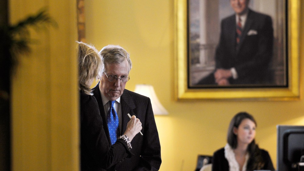 Senate Minority Leader Mitch McConnell in his office before a closed-door meeting of Senate Republicans on Capitol Hill, Wednesday, Oct. 9, 2013.