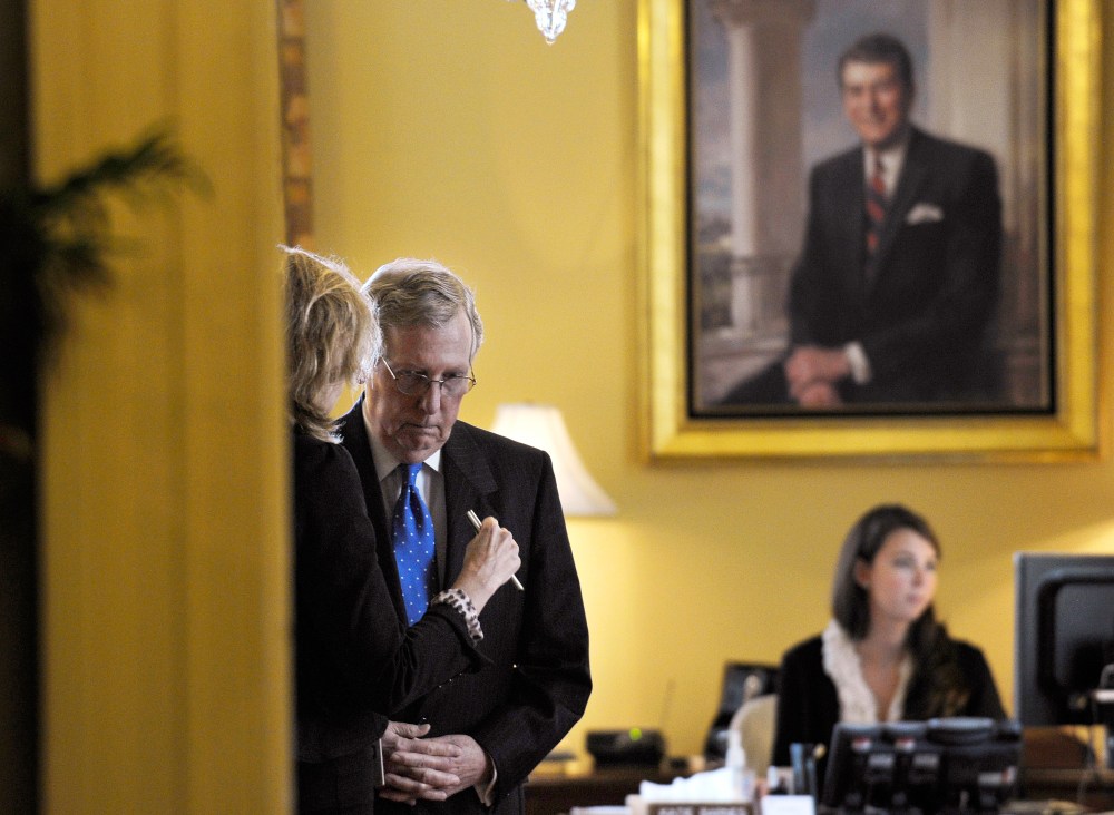 Senate Minority Leader Mitch McConnell in his office before a closed-door meeting of Senate Republicans on Capitol Hill, Wednesday, Oct. 9, 2013.