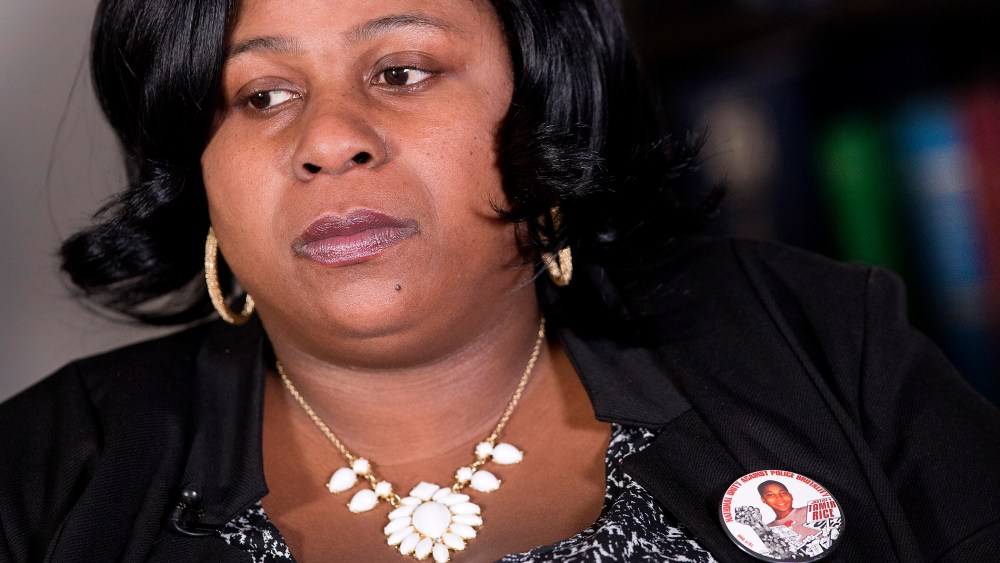 Samaria Rice, of Cleveland, Ohio, wears a button with her son's photograph during an interview at The Associated Press, on Dec. 15, 2014 in New York.