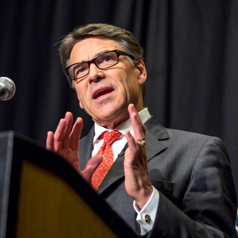 Texas Gov. Rick Perry speaks at the Polk County Republican Party fall fundraiser dinner at the Embassy Suites in Des Moines, Iowa Thursday, Nov. 7, 2013.