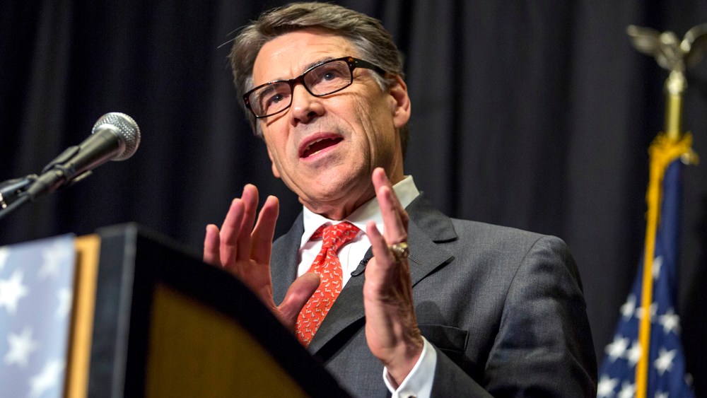 Texas Gov. Rick Perry speaks at the Polk County Republican Party fall fundraiser dinner at the Embassy Suites in Des Moines, Iowa Thursday, Nov. 7, 2013.