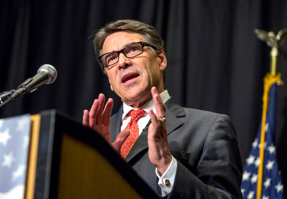 Texas Gov. Rick Perry speaks at the Polk County Republican Party fall fundraiser dinner at the Embassy Suites in Des Moines, Iowa Thursday, Nov. 7, 2013.