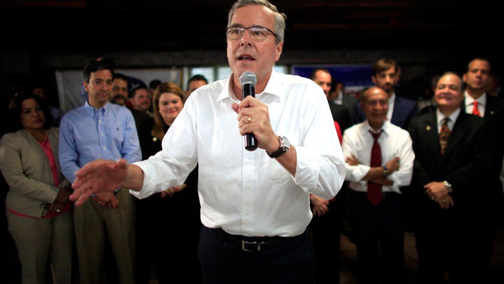 In this April 28, 2015 file photo, former Florida Gov. Jeb Bush speaks during a town hall meeting in Bayamon, Puerto Rico. (Photo by Ricardo Arduengo/AP)