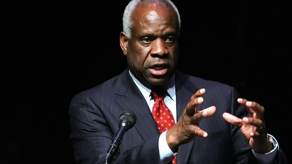 Associate Justice of the U.S. Supreme Court Clarence Thomas speaks at Marshall University in Huntington, W. Va., in this Sept. 10, 2007, file photo. (Photo by Randy Snyder/AP)
