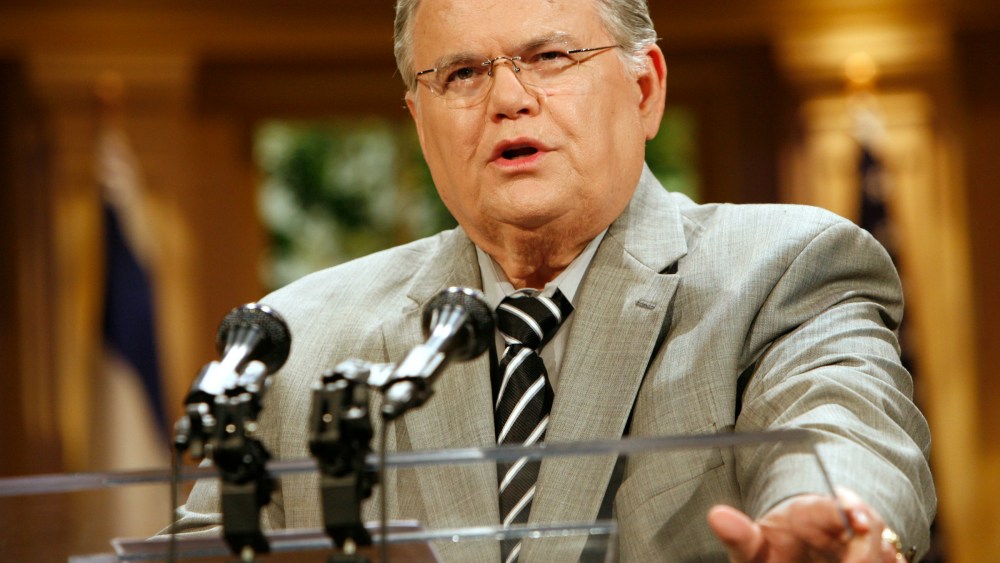 The Rev. John Hagee speaks during a news conference held at the Cornerstone Church in San Antonio on Friday, May 23, 2008.