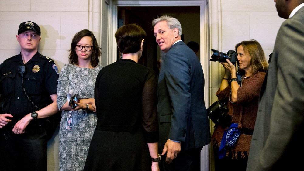 House Majority Leader Kevin McCarthy of Calif. and his wife Judy McCarthy enter a House Republican caucus vote on its nominee to replace House Speaker John Boehner, Oct. 8, 2015, on Capitol Hill in Washington. (Photo by Jacquelyn Martin/AP)