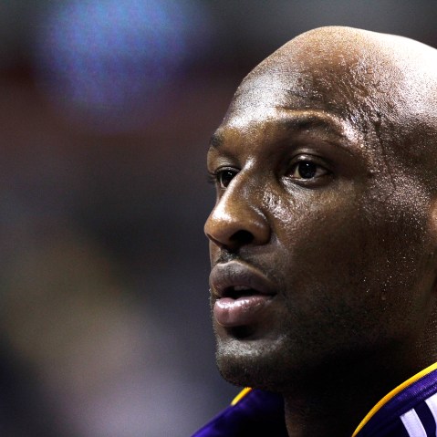 Los Angeles Lakers Lamar Odom is shown against the Detroit Pistons in the first half of their NBA basketball game in Auburn Hills, Mich., Nov. 17, 2010. (Photo by Paul Sancya/AP)