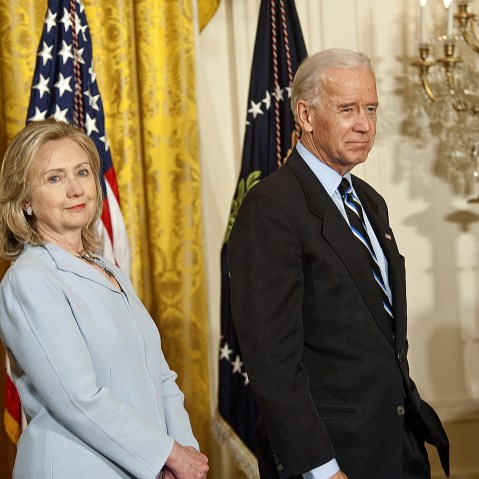 Then-Secretary of State Hillary Clinton and Vice President Joe Biden at the White House, Washington, D.C., April 28, 2011. (Photo by Rex Features/AP)
