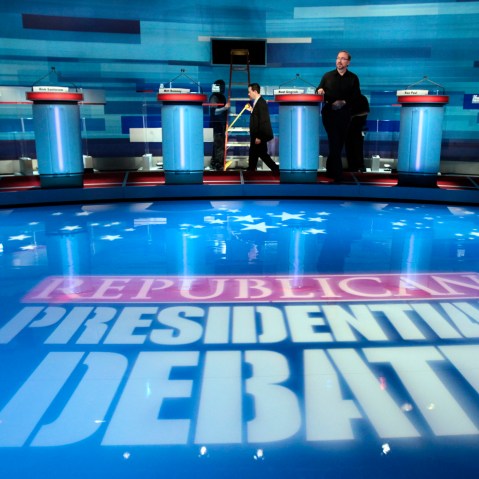Preparations continue for the FOX News/Wall Street Journal GOP Presidential Debate in Myrtle Beach, S.C. on Jan. 16, 2012. (Photo by Charles Dharapak/AP)