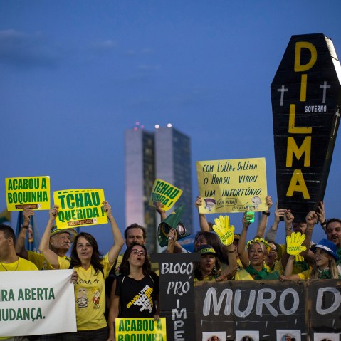 Anti-government demonstrators gather outside Congress in Brasilia, Brazil, Wednesday, May 11, 2016. (Photo by Felipe Dana/AP)