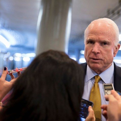 In this Oct. 20, 2015 photo Sen. John McCain, R-Ariz., talks to reporters near the subway on Capitol Hill in Washington, D.C. (Photo by Carolyn Kaster/AP)