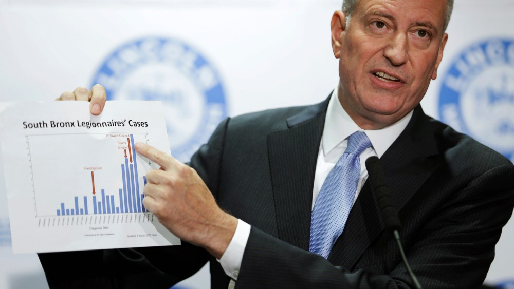 New York City Mayor Bill de Blasio holds up a chart documenting the cases of Legionnaires' disease while speaking to reporters at Lincoln Hospital in the Bronx borough of N.Y. on Aug. 4, 2015. (Photo by Seth Wenig/AP)