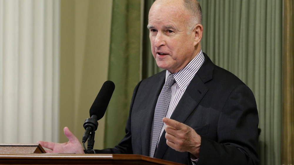California Gov. Jerry Brown speaks during his annual State of the State address to a joint session of the Legislature, Jan. 21, 2016, in Sacramento, Calif. (Photo by Rich Pedroncelli/AP)