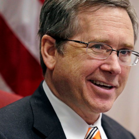 In this June 9, 2014 file photo, U.S. Sen. Mark Kirk R-Ill., speaks during an interview at his office in Chicago. (Photo by M. Spencer Green/AP)