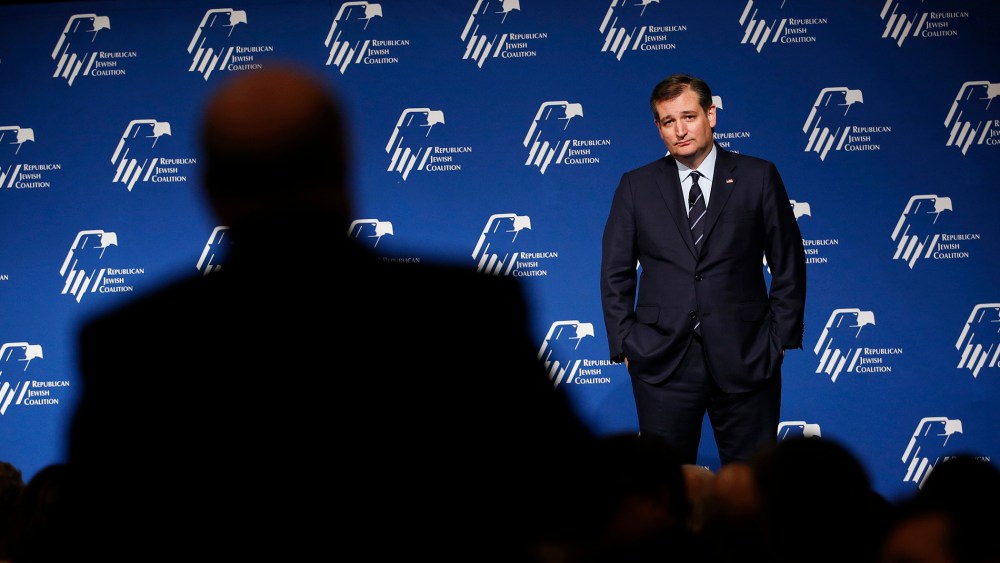 Republican presidential candidate, Sen. Ted Cruz, R-Texas, takes a question from the audience at the Republican Jewish Coalition spring leadership meeting, April 9, 2016, in Las Vegas. (Photo by John Locher/AP)
