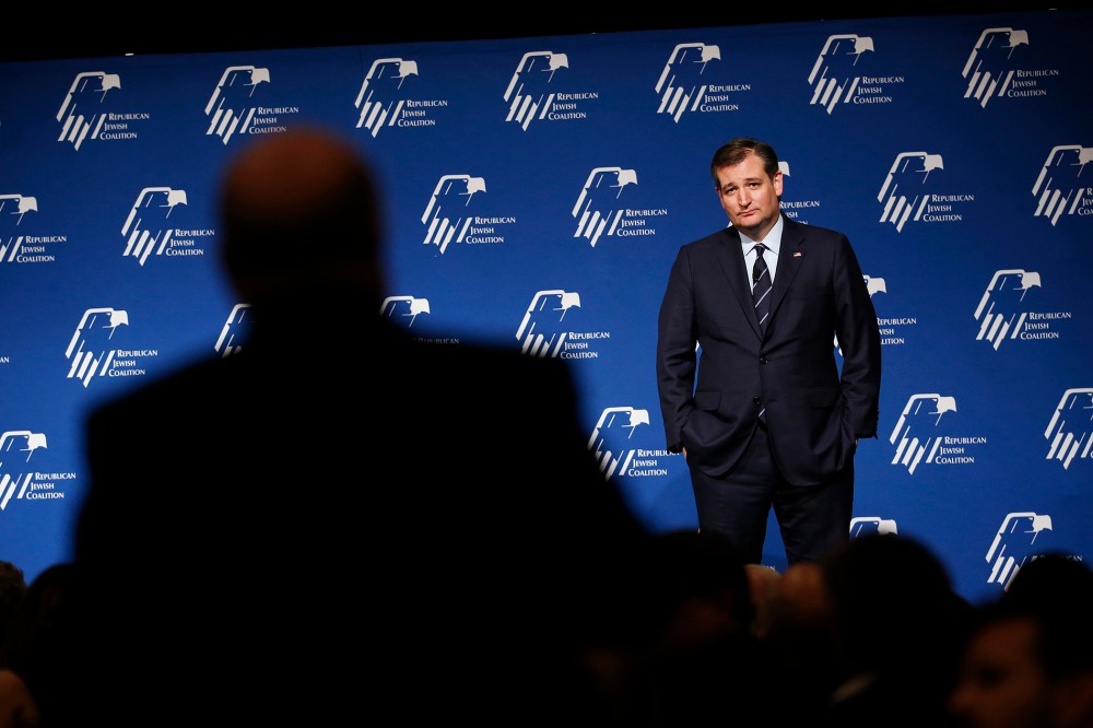 Republican presidential candidate, Sen. Ted Cruz, R-Texas, takes a question from the audience at the Republican Jewish Coalition spring leadership meeting, April 9, 2016, in Las Vegas. (Photo by John Locher/AP)