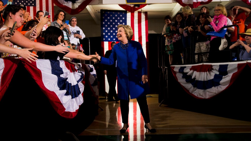 Democratic presidential candidate Hillary Clinton arrives at a campaign stop, April 25, 2016, at Westmoreland County Community College in Youngwood, Pa. (Photo by Matt Rourke/AP)