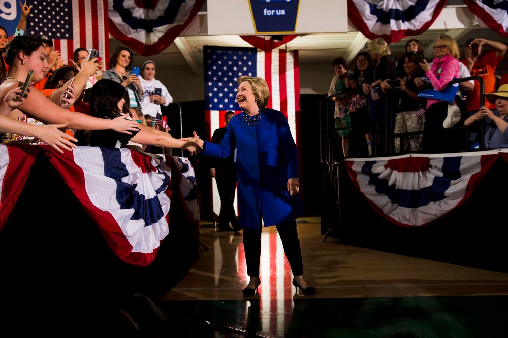 Democratic presidential candidate Hillary Clinton arrives at a campaign stop, April 25, 2016, at Westmoreland County Community College in Youngwood, Pa. (Photo by Matt Rourke/AP)