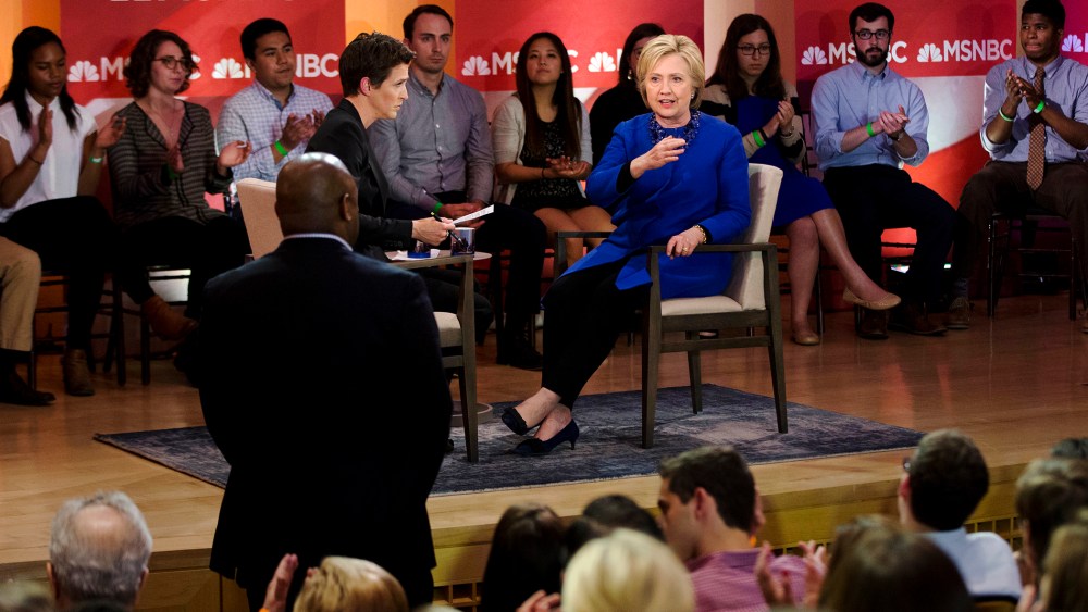 Democratic presidential candidate Hillary Clinton speak during a town hall with MSNBC's Rachel Maddow, April 25, 2016, at the National Constitution Center in Philadelphia. (Photo by Matt Rourke/AP)