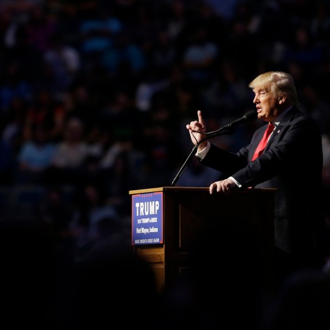 Republican presidential candidate Donald Trump speaks during a campaign stop at the Allen County War Memorial Coliseum, May 1, 2016, in Fort Wayne, Ind. (Photo by Darron Cummings/Getty)