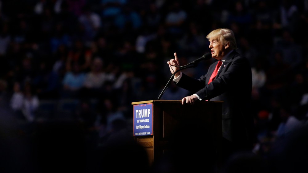 Republican presidential candidate Donald Trump speaks during a campaign stop at the Allen County War Memorial Coliseum, May 1, 2016, in Fort Wayne, Ind. (Photo by Darron Cummings/Getty)