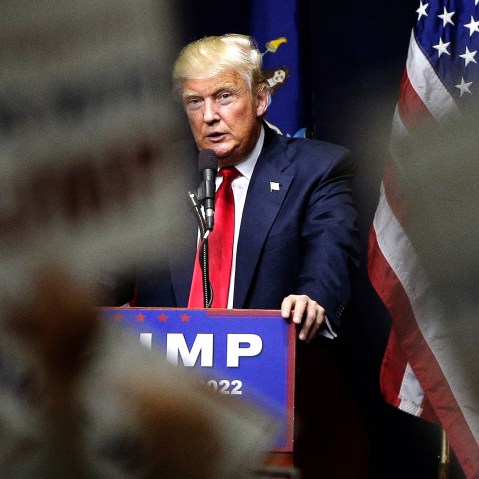 Republican presidential candidate Donald Trump speaks during a campaign rally, April 6, 2016, in Bethpage, N.Y. (Photo by Julie Jacobson/AP)