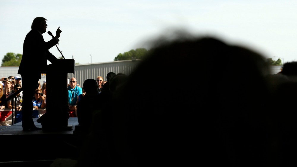 Republican presidential candidate Donald Trump speaks during a rally, May 6, 2016, in Omaha, Neb. (Photo by Charlie Neibergall/AP)