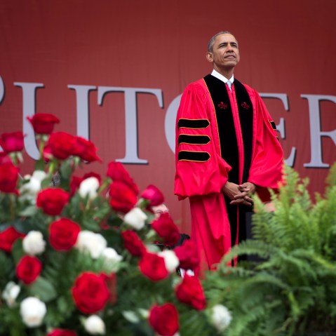President Barack Obama listens during Rutgers University's 250th Anniversary commencement ceremony, on May 15, 2016, in Piscataway, N.J. (Photo by Evan Vucci/AP)