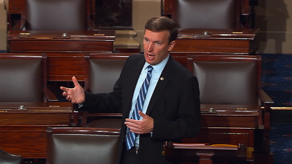 This frame grab from Senate Television shows Sen. Chris Murphy, D-Conn., holding a filibuster on the floor of the Senate on Capitol Hill in Washington, June 15, 2016, to demand a vote on gun control measures. (Photo by Senate Television/AP)