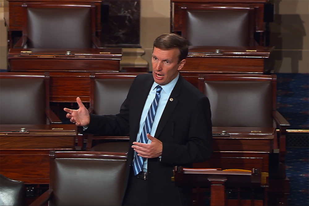 This frame grab from Senate Television shows Sen. Chris Murphy, D-Conn., holding a filibuster on the floor of the Senate on Capitol Hill in Washington, June 15, 2016, to demand a vote on gun control measures. (Photo by Senate Television/AP)