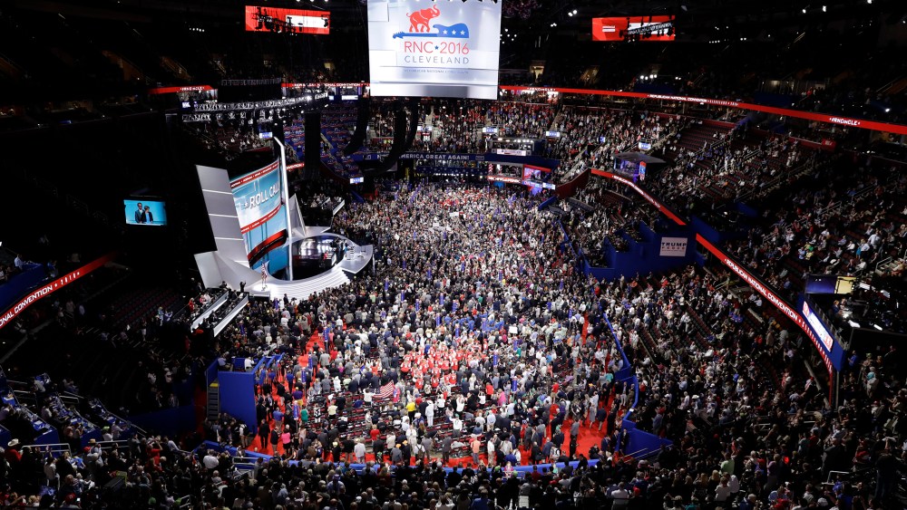 Delegates fill the floor during the second day session of the Republican National Convention in Cleveland, July 19, 2016. (Photo by Matt Rourke/AP)