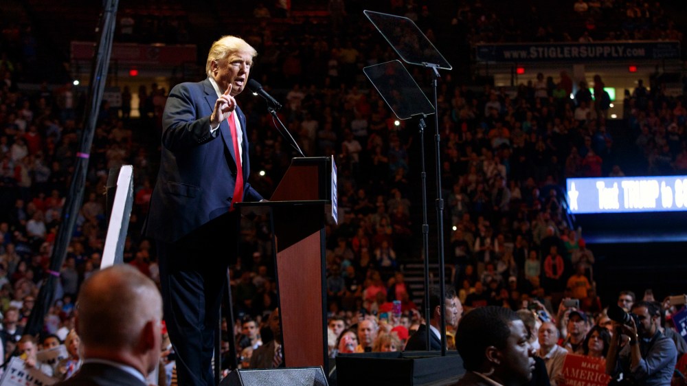 Republican presidential candidate Donald Trump speaks during a campaign rally, Oct. 13, 2016, in Cincinnati, Ohio. (Photo by Evan Vucci/AP)