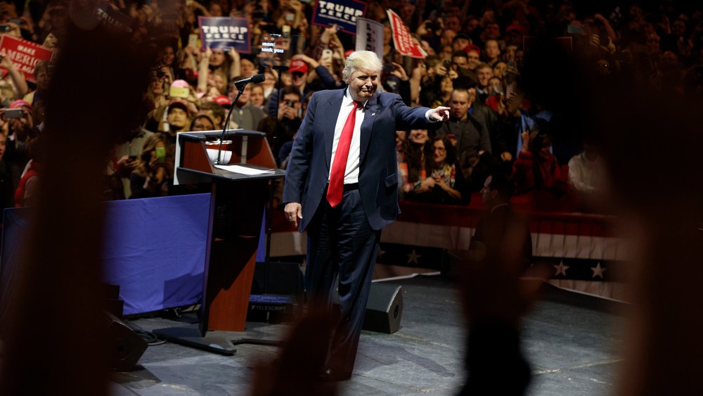 President-elect Donald Trump arrives to speak to a "USA Thank You" tour event, Dec. 1, 2016, in Cincinnati, Ohio. (Photo by Evan Vucci/AP)