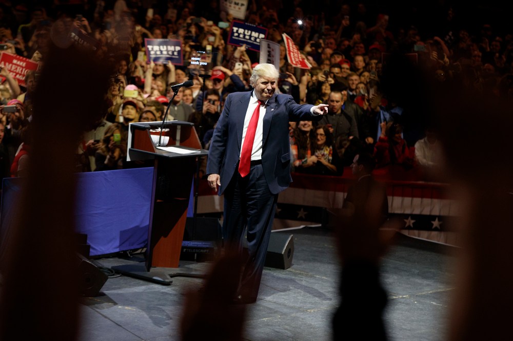 President-elect Donald Trump arrives to speak to a "USA Thank You" tour event, Dec. 1, 2016, in Cincinnati, Ohio. (Photo by Evan Vucci/AP)