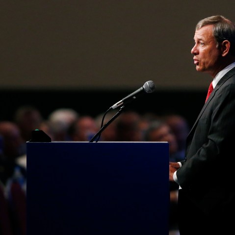 Supreme Court Chief Justice John Roberts speaks at the American Bar Association's annual meeting in Boston, Aug. 11, 2014. (Photo by Elise Amendola/AP)