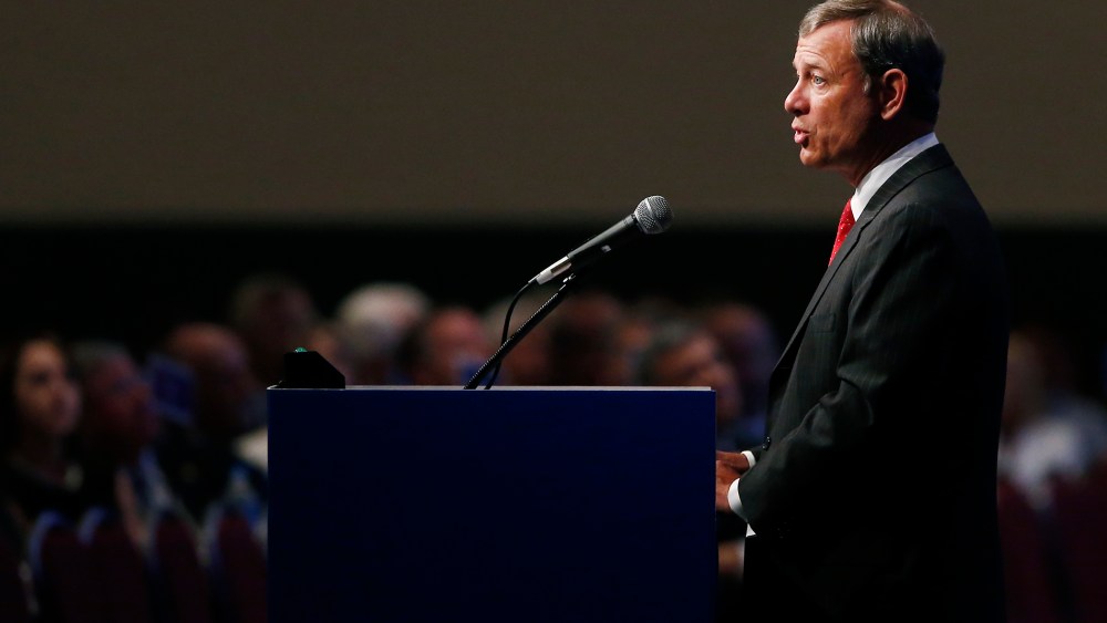 Supreme Court Chief Justice John Roberts speaks at the American Bar Association's annual meeting in Boston, Aug. 11, 2014. (Photo by Elise Amendola/AP)