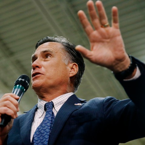 Former Republican presidential candidate Mitt Romney speaks at a campaign stop for another Republican presidential candidate, Ohio Gov. John Kasich, March 14, 2016, at Westerville Central High School in Westerville, Ohio. (Photo by Matt Rourke/AP)